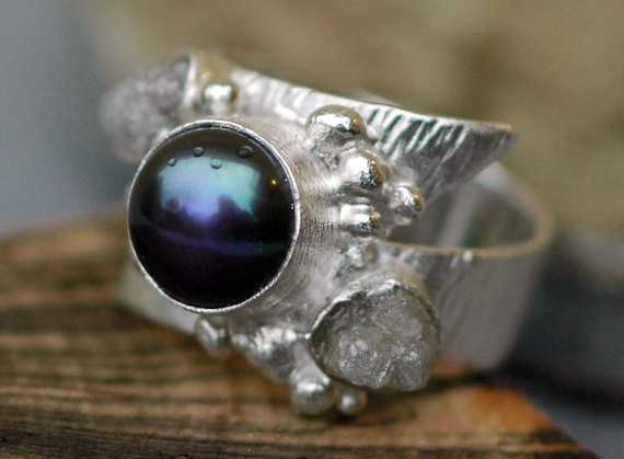 Raw Diamonds and Black Pearl in Textured Sterling Silver Ring- Wide Band