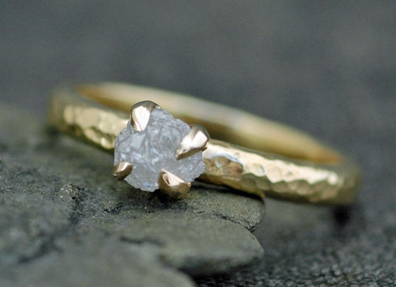 Conflict Free Rough Large Diamond Engagement Ring in Recycled 18k  Gold- Size C Diamonds Handmade