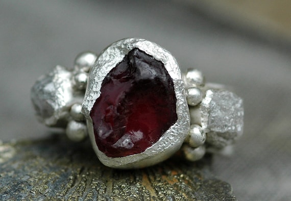 Raw Garnet and Sterling Silver Ring with Uncut Diamonds Handmade