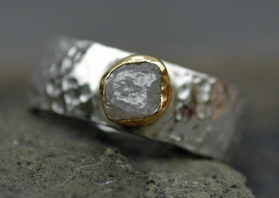 Conflict-free Rough Diamond Ring in 22k Yellow Gold and Hammered Sterling Silver