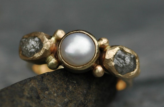 Recycled 14k or 18k Yellow, Rose, or White Gold Ring with Rough Diamonds and Pearl- Custom Made