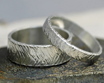 Thick Herringbone Textured Sterling Silver Bands- His and Hers Matching Wedding Rings Custom Made Handmade