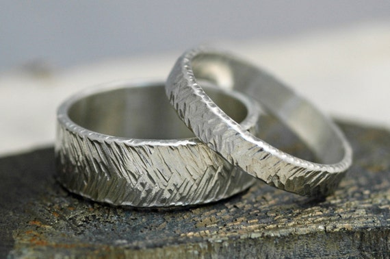 Thick Herringbone Textured Sterling Silver Bands- His and Hers Matching Wedding Rings Custom Made Handmade