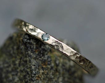 Recycled Hammered 14k White Gold Band with Flush Set Blue Diamond- Made To Order Ring