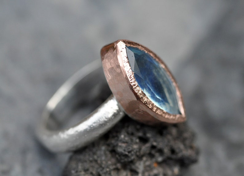 Faceted Aquamarine on Reticulated Sterling Silver Ring with Rose Gold Made To Order Handmade image 6