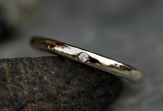 Hammered Shiny Recycled Gold Stacking Ring with Flush Set White Diamond- 14k or 18k Recycled White, Yellow, or Rose Gold