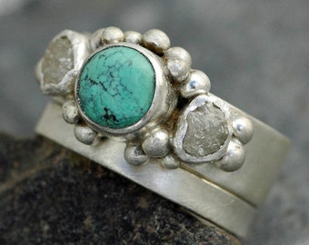 Rough Diamond and Turquoise Band and Wedding Stacking  Ring Set- Custom Made Custom Colour