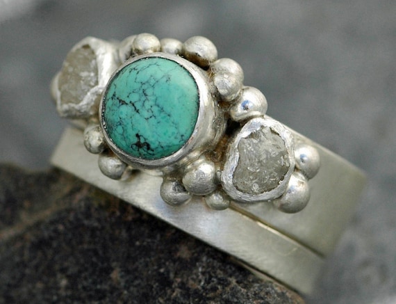 Rough Diamond and Turquoise Band and Wedding Stacking  Ring Set- Custom Made Custom Colour Handmade