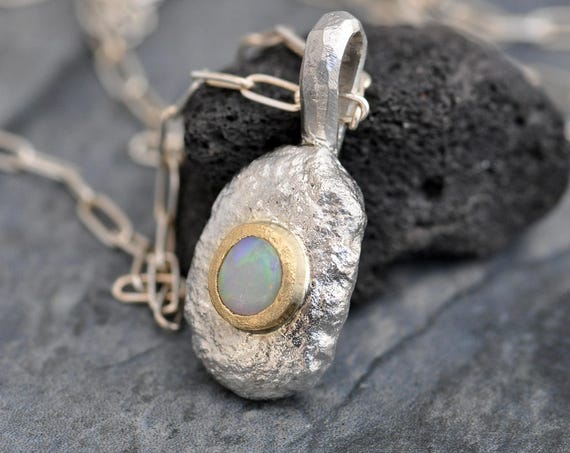 Solid Australian Opal Sterling Silver Yellow Gold Necklace Pendant With or Without Chain  Handmade Ready to Ship