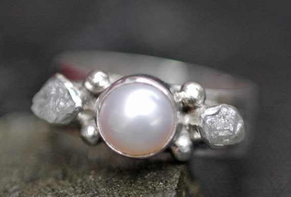 Rough Diamond and Pearl Engagement Band- Custom Made Custom Colour Handmade