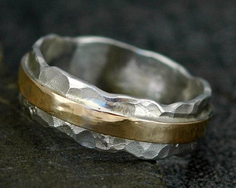 Hammered Sterling Silver and Recycled Yellow 14k Gold Wave Ring- Custom Made Handmade