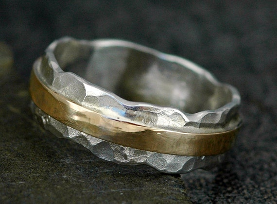 Hammered Sterling Silver and Recycled Yellow 14k Gold Wave Ring- Custom Made Handmade