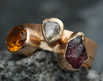 Multistone Recycled Gold Stacking Engagement and Wedding  Ring Set- Rough Diamond, Citrine, and Rhodolite Garnet