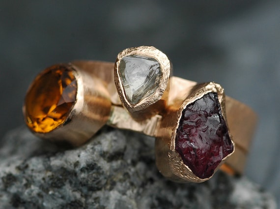 Multistone Recycled Gold Stacking Engagement and Wedding  Ring Set- Rough Diamond, Citrine, and Rhodolite Garnet Handmade