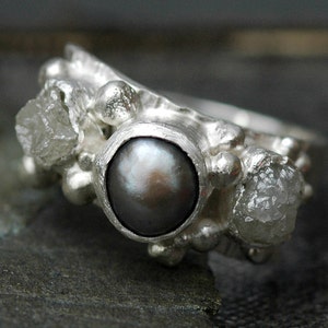 Raw Rough Diamonds and Steel Grey Pearl in Textured Sterling Silver Ring Custom Made Handmade image 4