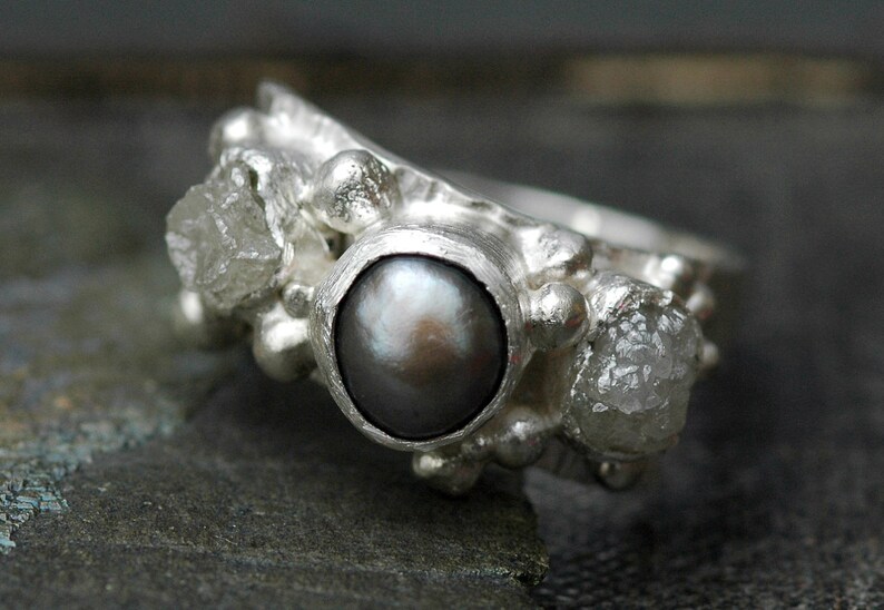 Raw Rough Diamonds and Steel Grey Pearl in Textured Sterling Silver Ring Custom Made Handmade image 4