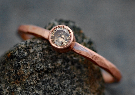 Cognac Chocolate Diamond in Recycled 14k Rose Gold Engagement Ring- Textured Faceted Band, Ready to Ship Size 6