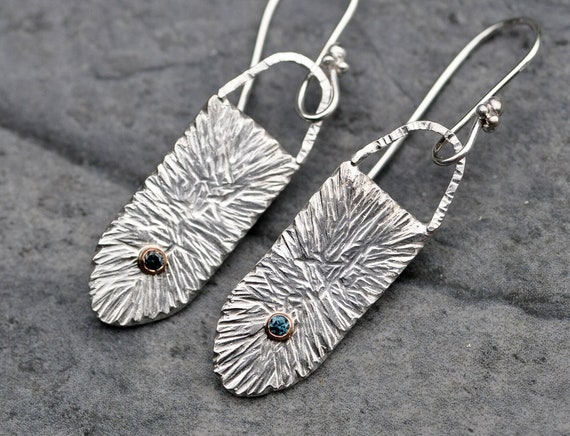 Blue Diamond Rose Gold and Sterling Silver Earrings Handmade to Order Handmade