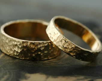 Wedding Bands- 14k Recycled Gold, Hammered Finish