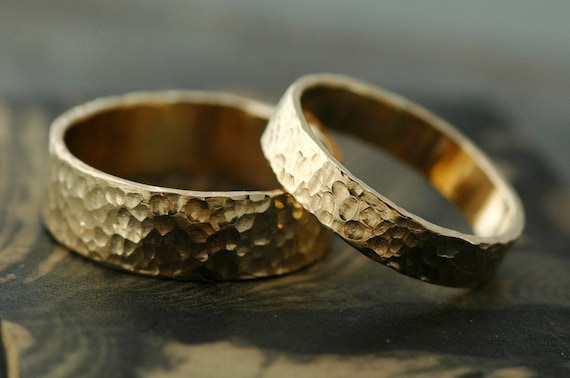 Wedding Bands- 14k Recycled Gold, Hammered Finish