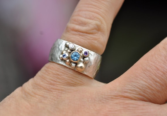 Multistone Aquamarine, Sapphire, Diamond, and Amethyst on Rose/Yellow Gold and Sterling Silver Hammered Band- Made to Order Handmade