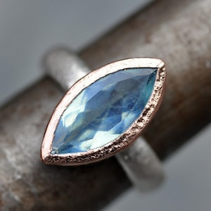 Faceted Aquamarine on Reticulated Sterling Silver Ring with Rose Gold Made To Order Handmade image 1