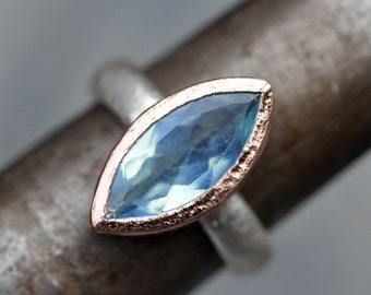 Faceted Aquamarine on Reticulated Sterling Silver Ring with Rose Gold- Made To Order