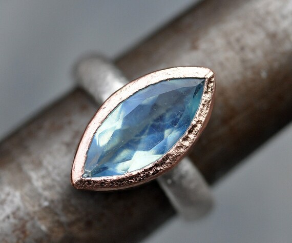 Faceted Aquamarine on Reticulated Sterling Silver Ring with Rose Gold- Made To Order