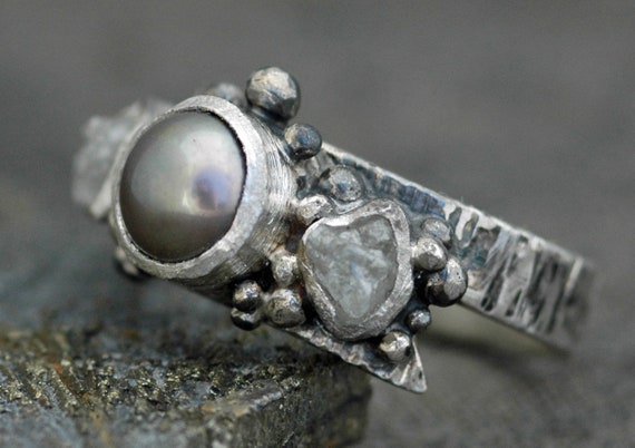 Raw Rough Diamonds and Steel Grey Pearl in Textured Sterling Silver Ring- Custom Made Handmade