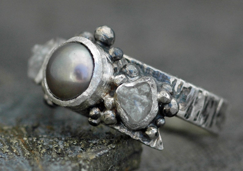 Raw Rough Diamonds and Steel Grey Pearl in Textured Sterling Silver Ring Custom Made Handmade image 1
