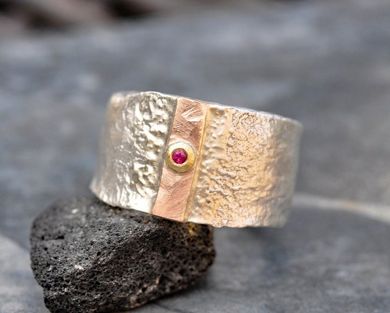 Mixed Gold and Silver Ruby Ring Reticulated Made to Order Handmade