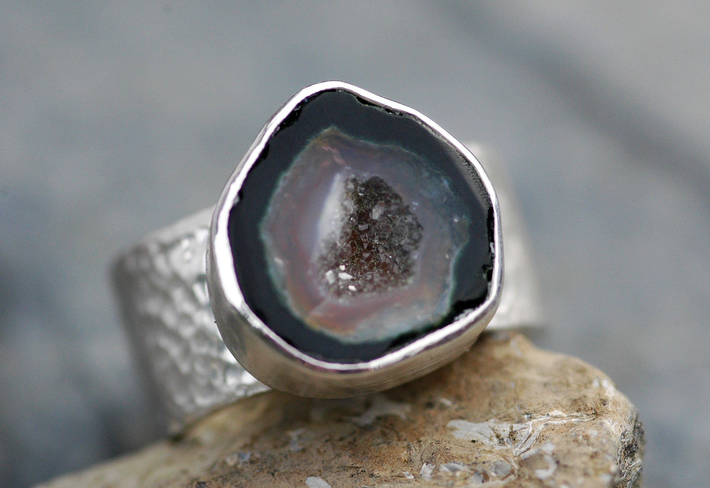 Geode and Sterling Silver Ring- Ready to Ship Band, Fits Size 7- 7 1/4 ...