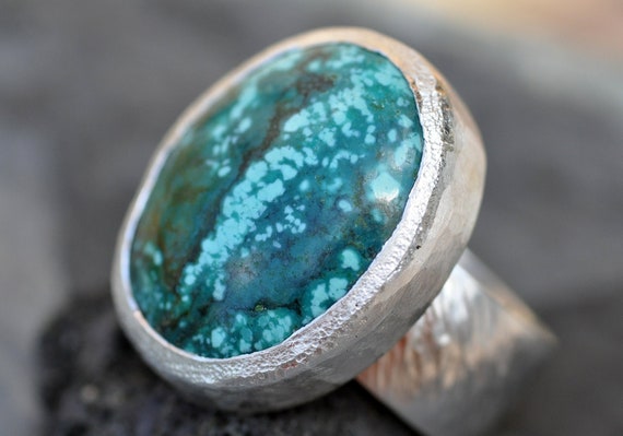 Big Teal Hubei Turquoise Ring in Recycled Hammered Sterling Silver Band Ready to Ship Size 9 Wide Band Handmade