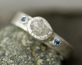 Rough Raw Diamond Ring in Hammered Sterling Silver with Sapphires- Custom Made Band Handmade