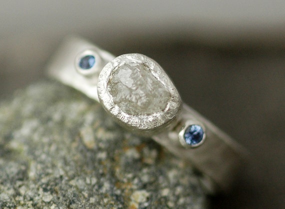 Rough Raw Diamond Ring in Hammered Sterling Silver with Sapphires- Custom Made Band Handmade