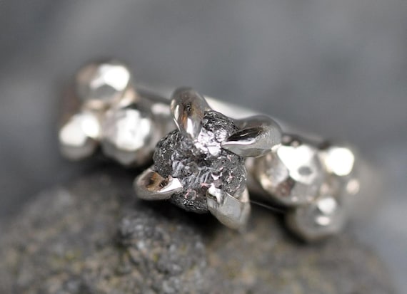 Salt and Pepper Black Rough Diamond Ring in Sterling Silver- Ready to Ship Handmade