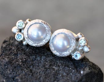 Akoya Saltwater Pearl Peridot and Aquamarine Earrings in Recycled Silver Custom Made to Order Handmade Post Earrings Handmade