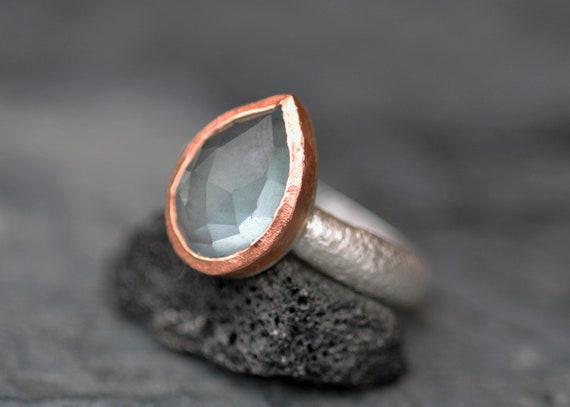 Large Rose Cut Aquamarine on Reticulated Sterling Silver Ring with Rose Gold- Made To Order