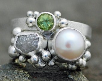 Multistone Freshwater Pearl, Rough Raw Diamond, and Peridot Sterling Silver Ring Stack- Custom Made Engagement and Wedding Band Set