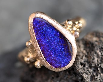 Australian Purple Blue Boulder Opal in Recycled 14k Gold Ring- Ready to Ship Size 7