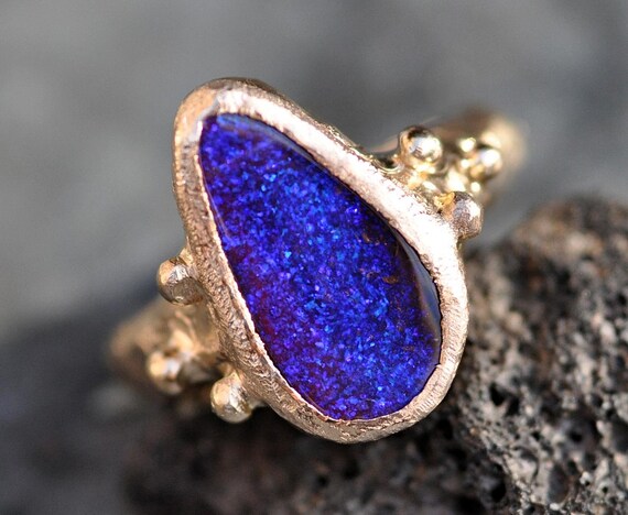 Australian Purple Blue Boulder Opal in Recycled 14k Gold Ring- Ready to Ship Size 7