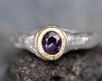 Purple Sapphire Recycled Sterling Silver and 18k Yellow Gold Signet Ring- Ready to Ship Size 7.5 One of a Kind