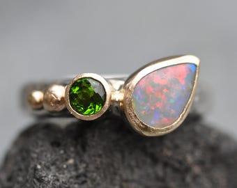 Australian Semi-Black Opal Green Chrome Diopside and Yellow Gold Recycled Sterling Silver Ring Size 7 Ready to Ship Handmade
