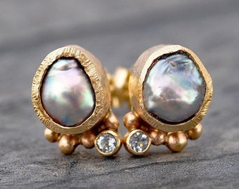 Akoya Saltwater Pearl and Aquamarine Earrings in Recycled Gold- Rose, Yellow, White Gold Custom Made to Order Post Earrings