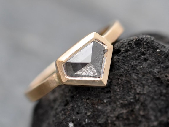 Salt and Pepper Rose Cut Geometric Diamond in  Recycled 14k 18k Gold Ring- Custom Made to Order Engagement Ring Handmade