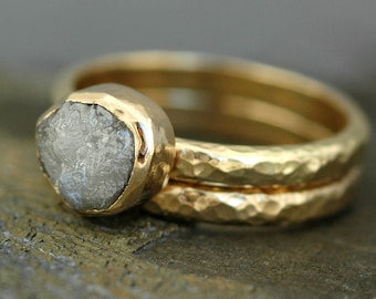 Bezel-Set Rough Large Diamond Engagement Ring and Wedding Band Set Recycled 18k White, Rose, or Yellow Gold- Size E Diamonds Handmade