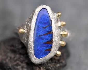 Australian Blue Purple Boulder Opal in Recycled Sterling Silver and 18k Gold Ring- Ready to Ship Size 7 One of a Kind