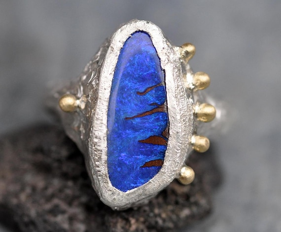 Australian Blue Purple Boulder Opal in Recycled Sterling Silver and 18k Gold Ring- Ready to Ship Size 7 One of a Kind