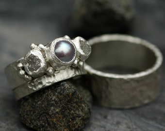 Three Rings- Rough Raw Uncut Diamond and Pearl Engagement Ring  and His and Hers Wedding Band Set