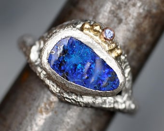 Australian Blue Boulder Opal Montana Sapphire Recycled Sterling Silver and 18k Yellow Gold Ring- Ready to Ship Size 8 One of a Kind